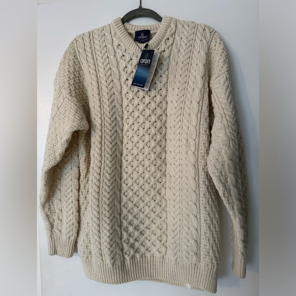 100% Wool Aran Fisherman Chunky Cableknit Sweater Cream White
